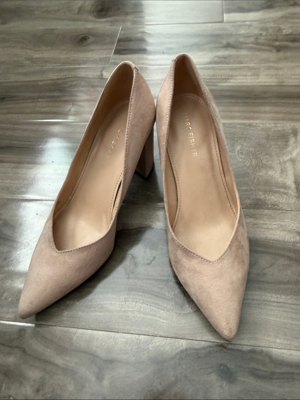 Marc Fisher Pointed Toe Block Heel Pumps - Nude Blush